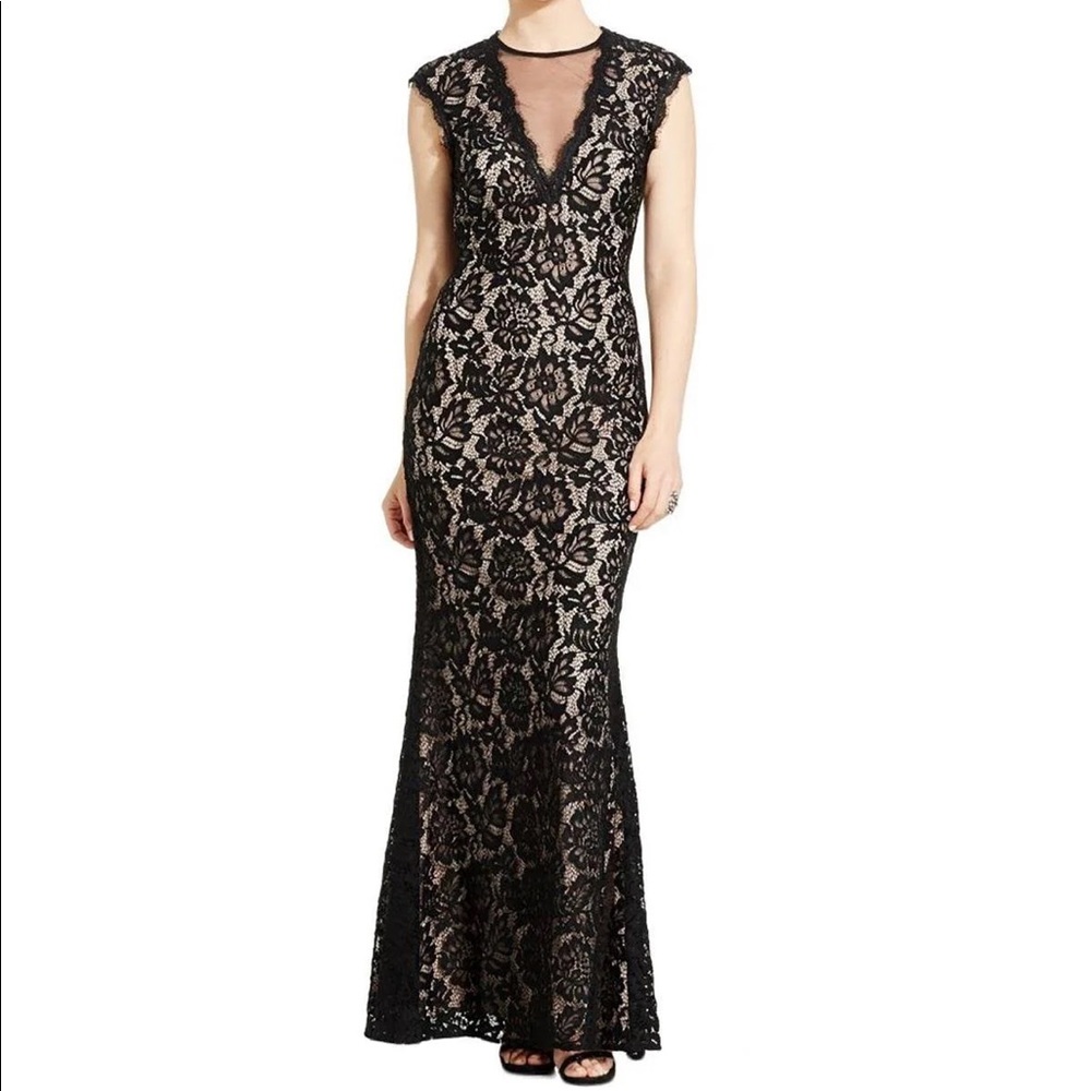 Betsy & Adam Lace Overlay Black/Nude Formal Gown